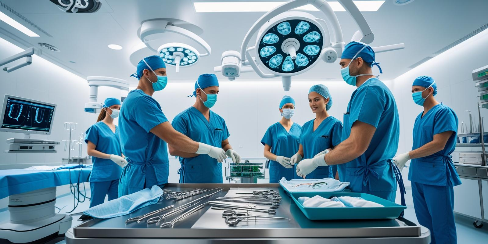 A clean and modern spine surgery operating room with robotic-assisted surgical tools. A surgeon and support staff in scrubs are preparing for a minimally invasive spinal procedure.